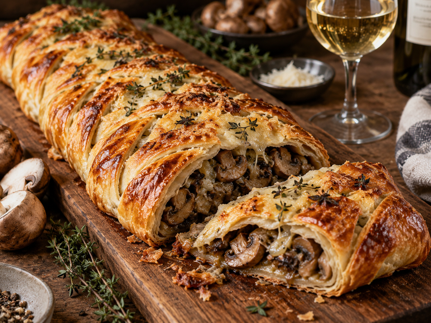 Golden puff pastry tart topped with sautéed mushrooms and herbs