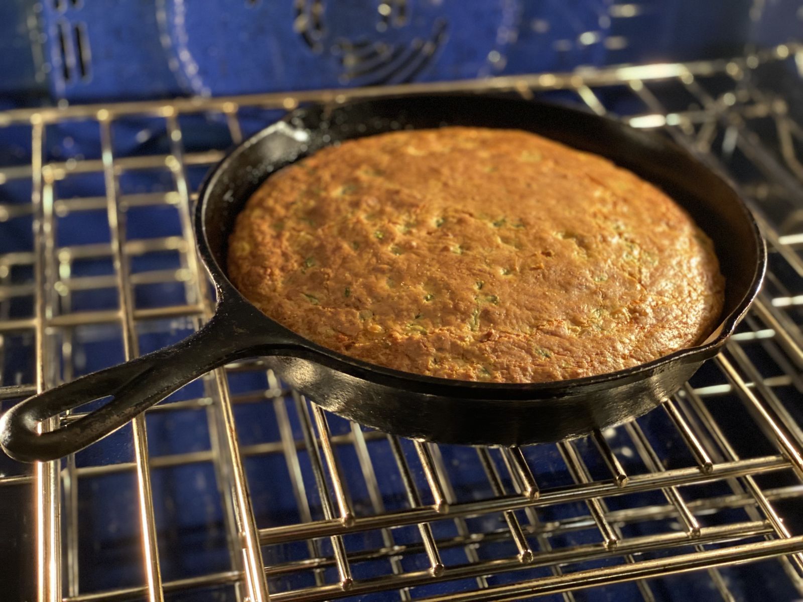 Golden Duke’s cornbread baked in a cast-iron skillet.