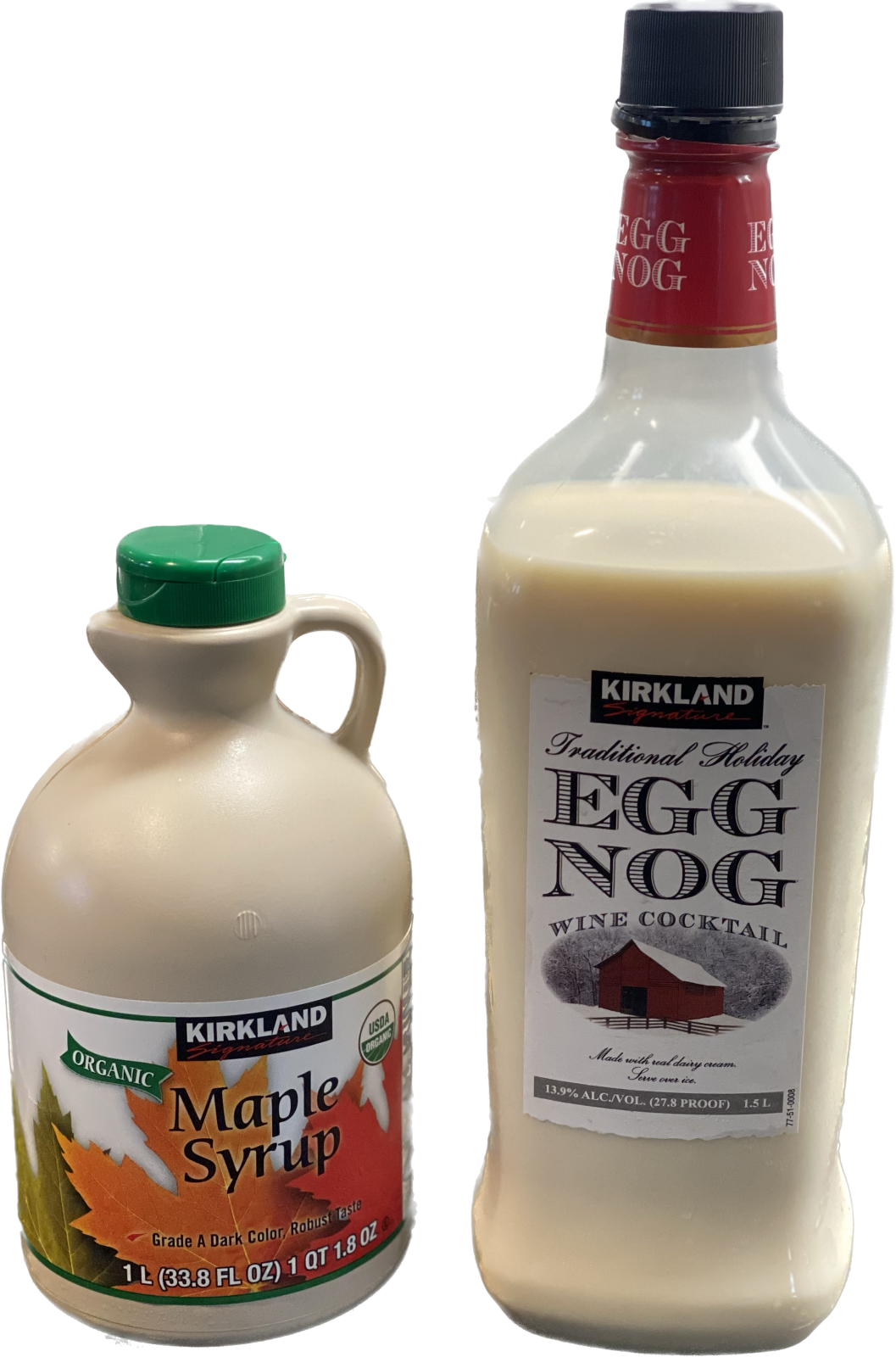 Golden brioche French toast made with egg nog, stacked and topped with powdered sugar and maple syrup.