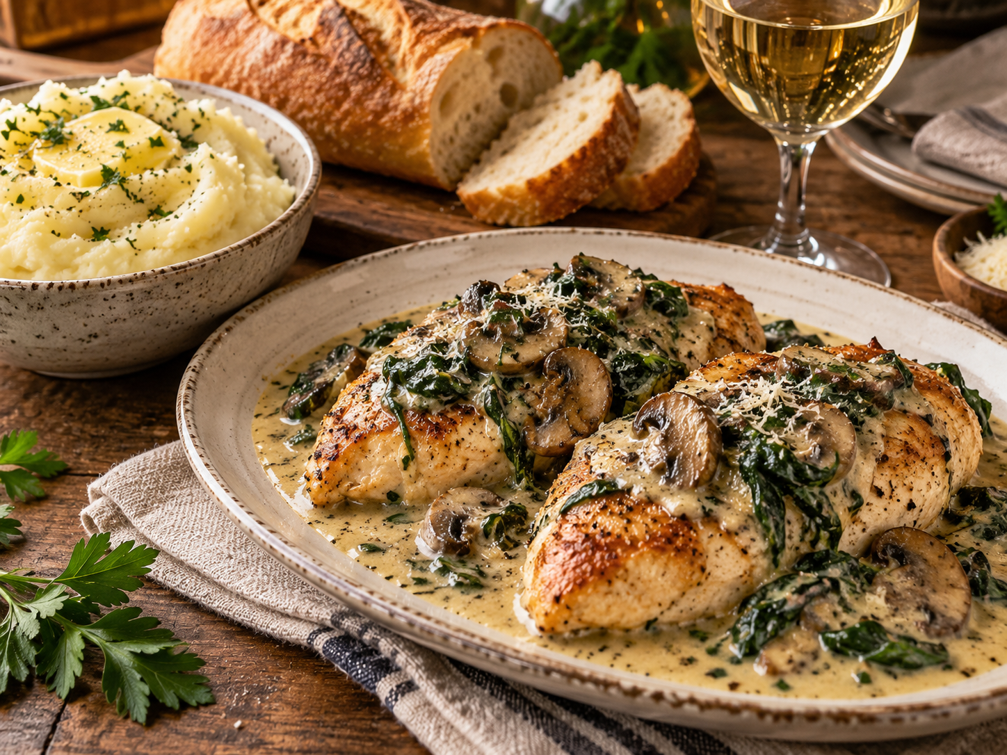 Chicken with Spinach and Mushrooms in Creamy Parmesan Sauce