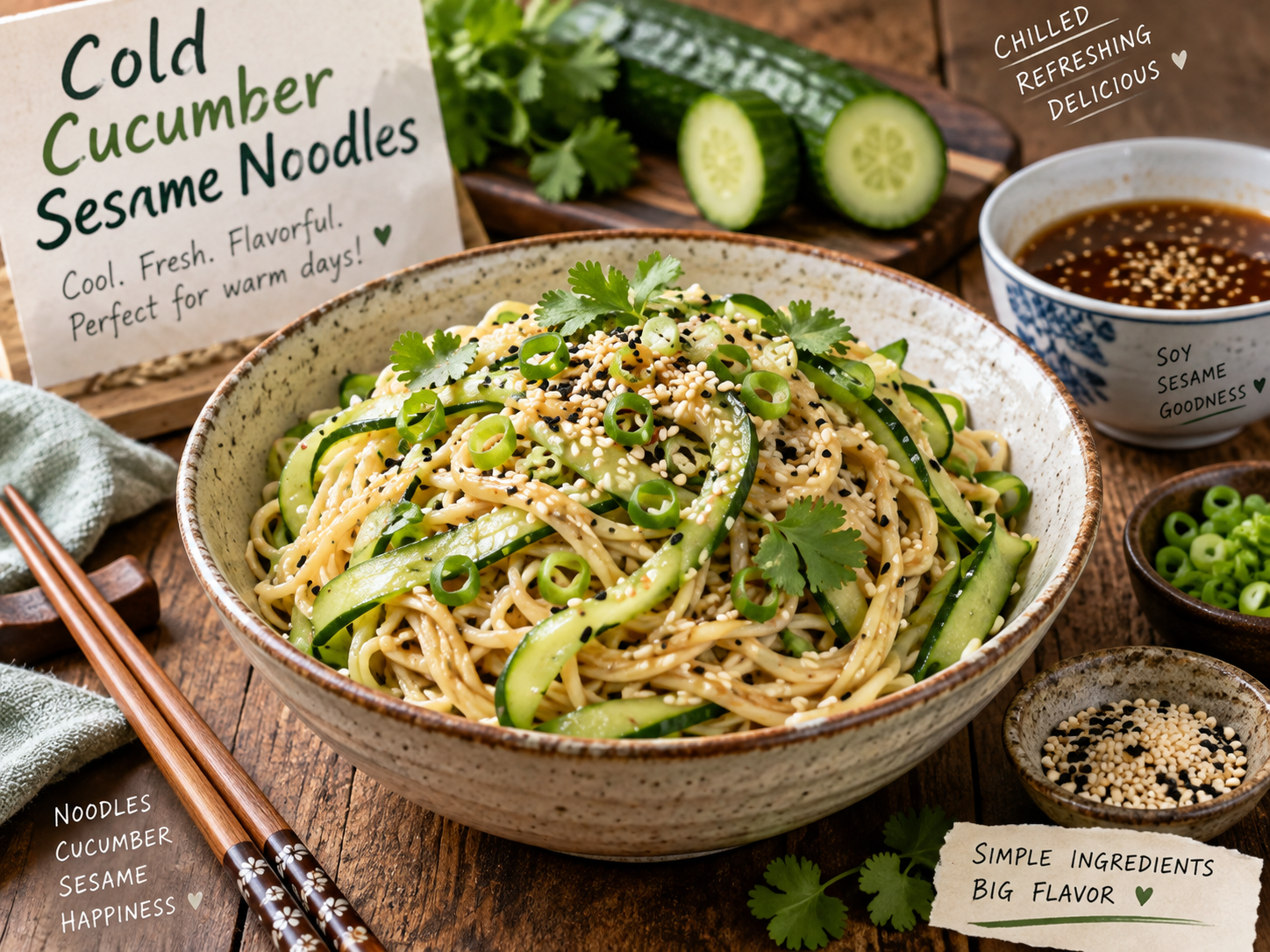 Cold cucumber sesame noodles with scallions and chili crisp