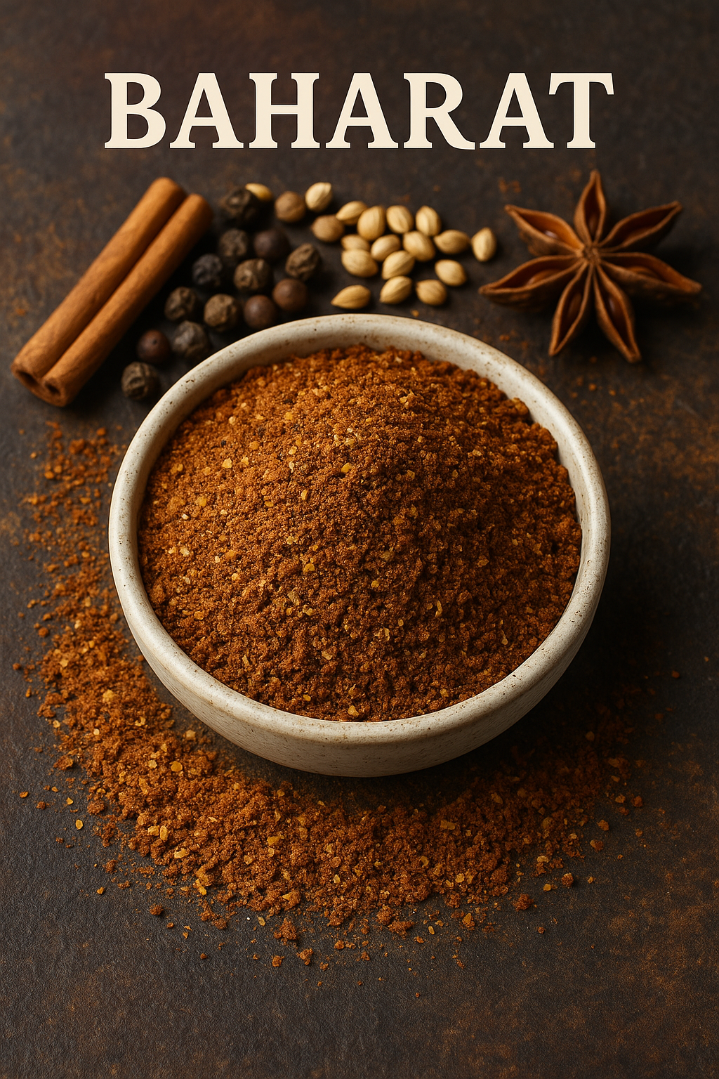 A bowl of homemade Baharat spice mix with warm, fragrant Middle Eastern spices.