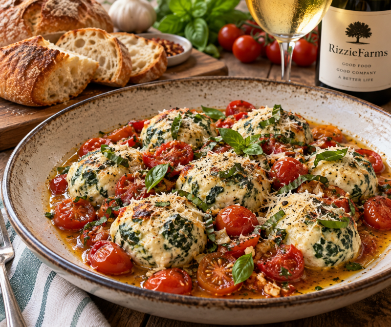 Ricotta & Spinach Gnudi with Cherry Tomato Garlic Herb Sauce