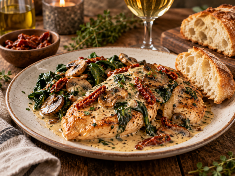 Tuscan Chicken with Mushrooms, Spinach & Sun-Dried Tomatoes